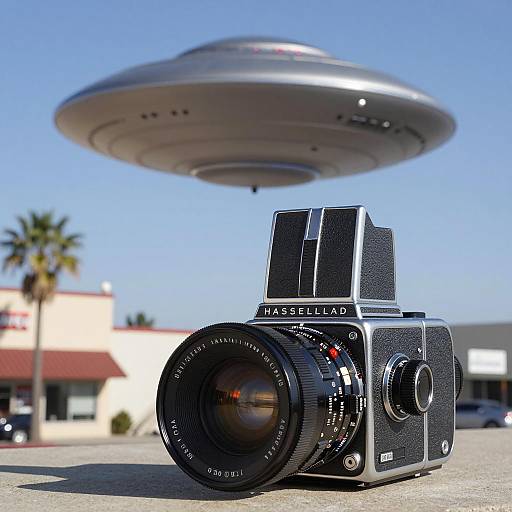 Vintage Hasselblad Camera with UFO over Downtown Pomona