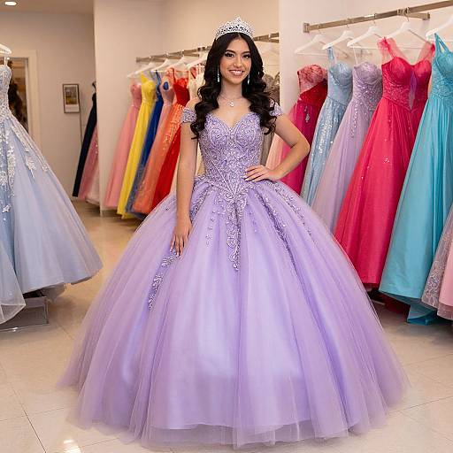 Photograph of a smiling woman with long black hair in a lavender ball gown with intricate embroidery, standing in a dress store with colorful gowns on display