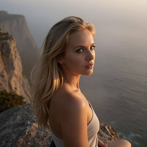 Photograph of a blonde woman with light skin and blue eyes, wearing a white tank top, standing on a cliff overlooking a misty ocean at sunset