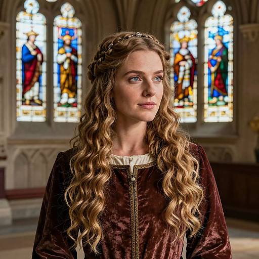 Photograph of a fair-skinned woman with long, wavy blonde hair, wearing a dark velvet gown with a braided crown, standing in front