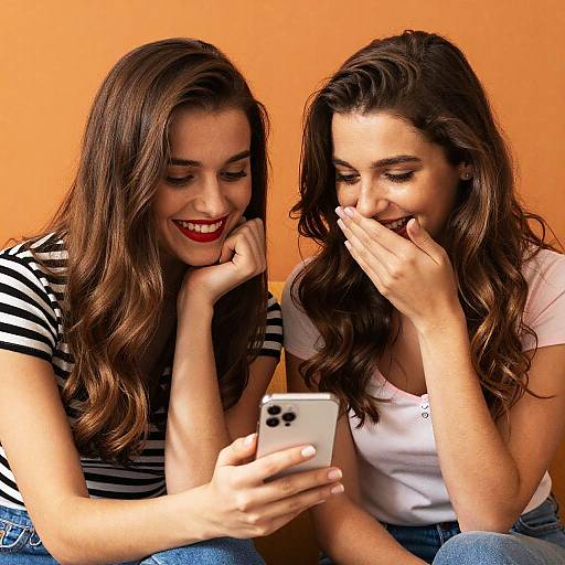 Photograph of two smiling women with long brown hair, one in a striped shirt, the other in white, laughing while looking at a smartphone against an