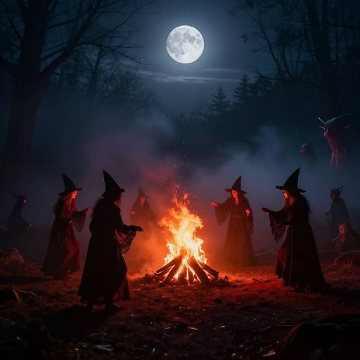Digital illustration of seven silhouetted witches in pointed hats gathering around a bright orange bonfire under a full moon in a dark, misty forest
