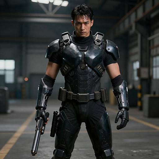 Man in Cybernetic Armor with Gun in Industrial Warehouse