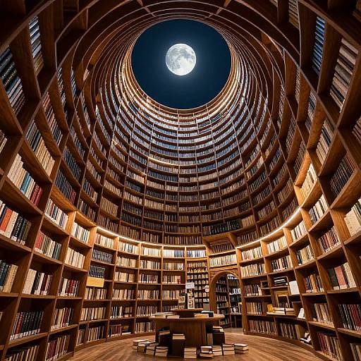 Photograph of a circular, illuminated library with concentric shelves of books, centered under a circular skylight revealing a full moon. Warm, ambient