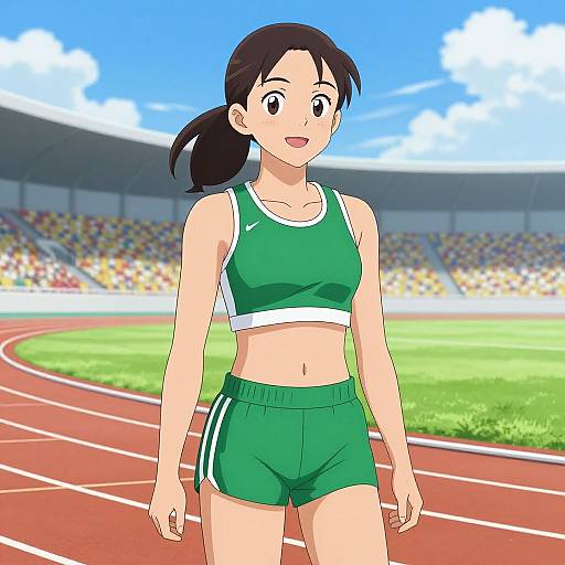 Anime-style drawing of a smiling woman with black hair in green sports bra and shorts, standing on a track field.