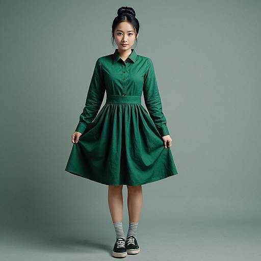 Asian Woman in Green Dress with Hair Bun