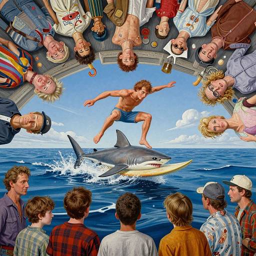 Surreal Surfer Leaping Shark Scene