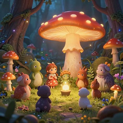 Whimsical CGI forest scene with cute, plush mushroom-like creatures and a glowing mushroom centerpiece, surrounded by glowing fireflies and mushrooms.