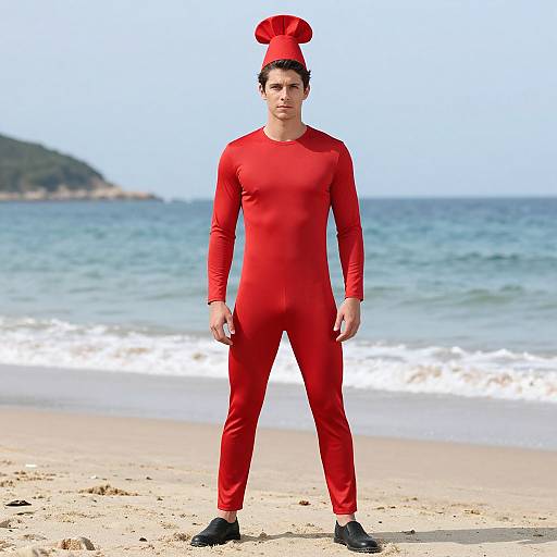 Photograph of a young man standing on a beach in a red full-body suit and matching chef hat, with black shoes. Ocean and distant green hill