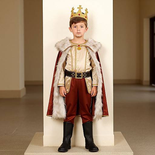 Photograph of a young boy dressed as a king, wearing a golden crown, white fur-trimmed red robe, cream shirt, black pants,