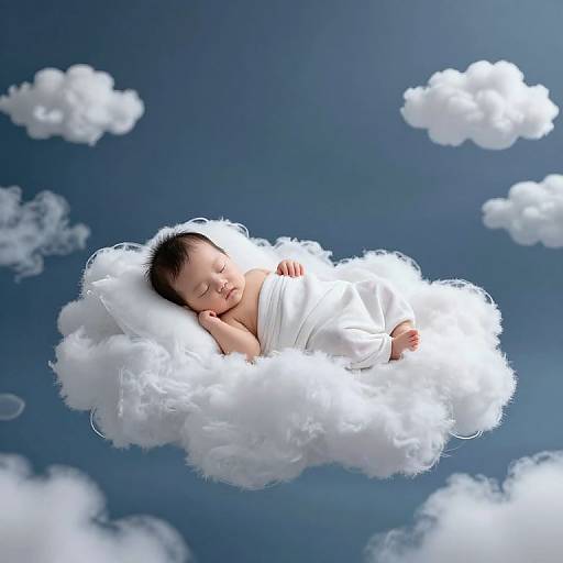 Photograph of a sleeping Asian baby wrapped in a white blanket, floating on a fluffy cloud against a blue sky with scattered clouds.