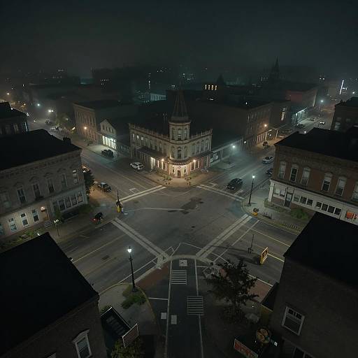 Foggy Night Intersection in Abandoned 1950s Small Town