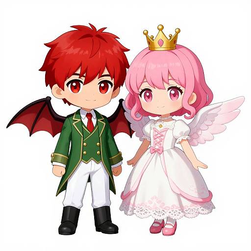 Chibi-style digital drawing of a red-haired boy with bat wings in a green suit, and a pink-haired girl with a crown and white dress with