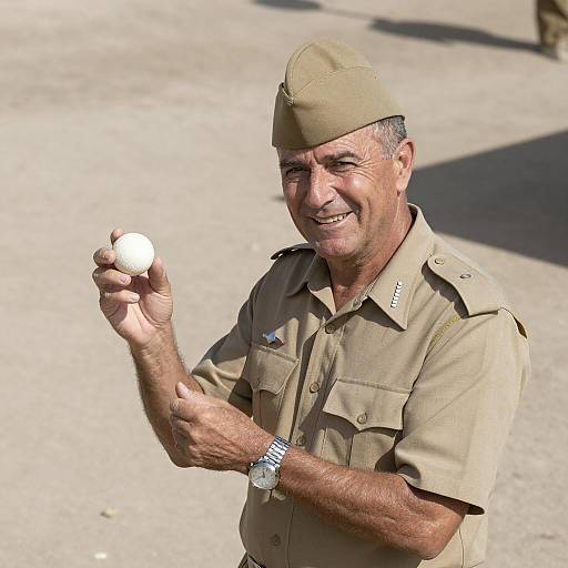 Smiling man in beige military uniform holding white ball
