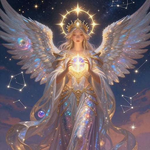 Digital painting of a celestial angel with white wings, golden halo, and glowing orb, wearing a starry, ethereal gown, against a night sky