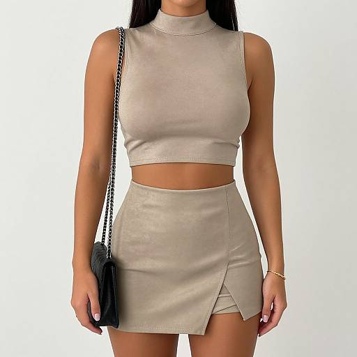 Photograph of a woman with long black hair, wearing a sleeveless beige crop top and matching high-waisted mini skirt, carrying a black chain