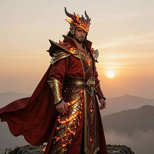 Photograph of a bearded man in elaborate, fiery red and gold armor with a flaming crown, standing against a misty sunrise mountain backdrop.