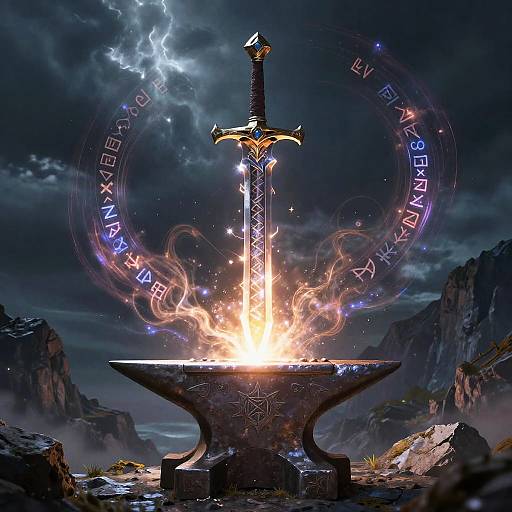Digital fantasy artwork of a glowing, ornate sword emerging from a fiery anvil, surrounded by mystical runes and lightning in a stormy mountain landscape.