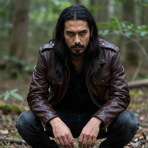 Intense Man in Forest with Leather Jacket