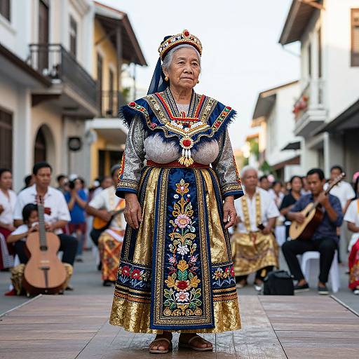 Photograph of an elderly Asian woman in elaborate, colorful traditional dress with intricate embroidery, standing in a street with spectators and musicians in the background.