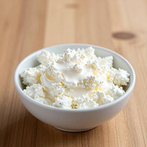 Photograph of a white ceramic bowl filled with creamy, crumbled feta cheese on a wooden table, bathed in natural light.