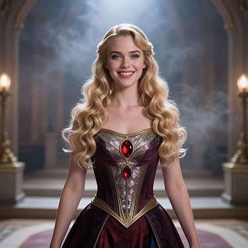 Digital art of a smiling blonde woman with long curls, wearing a dark purple corset with red jewel accents, in a misty, grand hall with