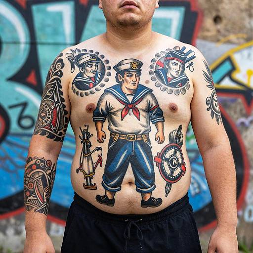Confident Man Displaying Nautical Tattoos