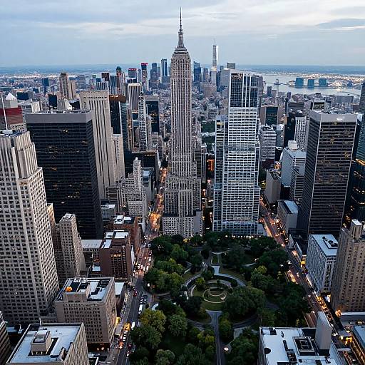 Aerial photograph of Manhattan at dusk, showcasing a dense cluster of skyscrapers with illuminated streets, green Central Park below, and a distant, cloudy