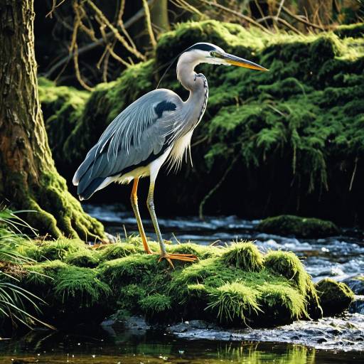 Heron on Mossy Riverbank