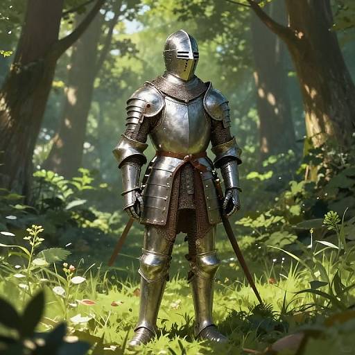 Photorealistic CGI of a medieval knight in shiny silver armor standing in a sunlit, lush forest, holding a sword at his side.