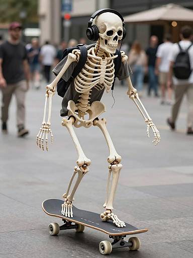 Skeleton Skateboarding in Urban Plaza