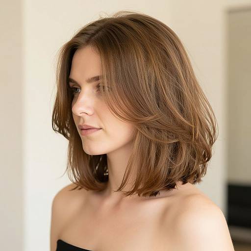 Photograph of a Caucasian woman with shoulder-length, brown, wavy hair, light skin, and subtle makeup, wearing a black strapless top,
