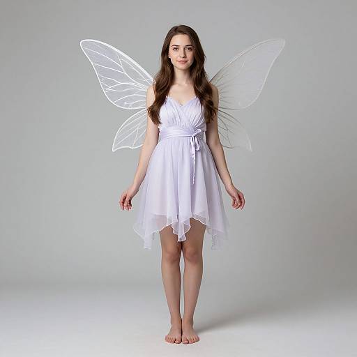 Photograph of a young woman with long brown hair, wearing a white, sleeveless, lace-trimmed dress, and white paper fairy wings,
