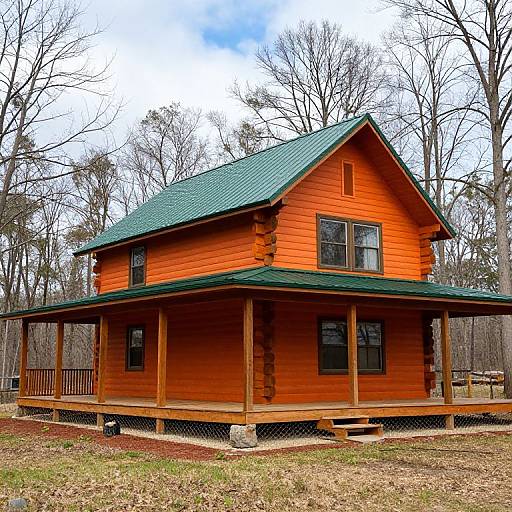 Rustic Two-Story Orange Log Cabin with Wraparound Porch