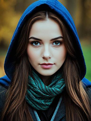 Young Woman in Ravenclaw Costume with Hood and Scarf