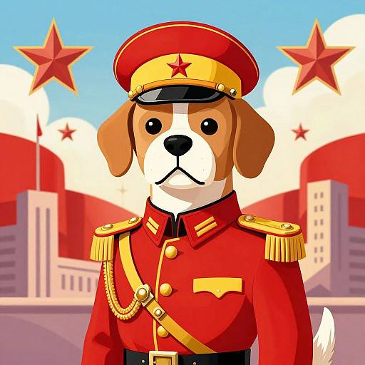 Cartoon dog in red military uniform with gold epaulettes and star, wearing a red hat with a red star, set against a sky with