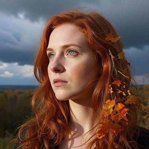 Photograph of a fair-skinned, red-haired woman with green eyes, adorned with autumn leaves in her hair, gazing upward under a cloudy sky