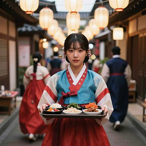 Photograph of a young Asian woman in traditional blue, white, and red hanbok, holding a tray of food, in a lantern-lit