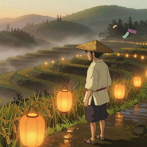 Digital illustration of a Japanese farmer in a conical hat, standing on a path, watching glowing lanterns in a misty terraced rice field at