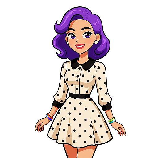 Digital cartoon of a smiling woman with purple hair, wearing a white polka dot dress, black collar, and bracelets, against a white background.