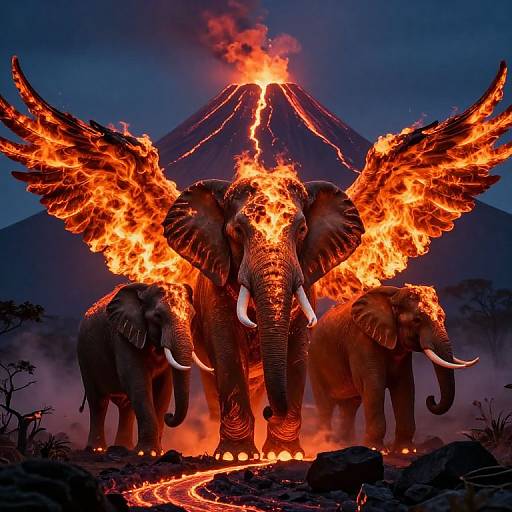 Photorealistic digital artwork of three flaming elephants with wings, standing before a erupting volcano, glowing red-orange fire contrasts dark night sky.