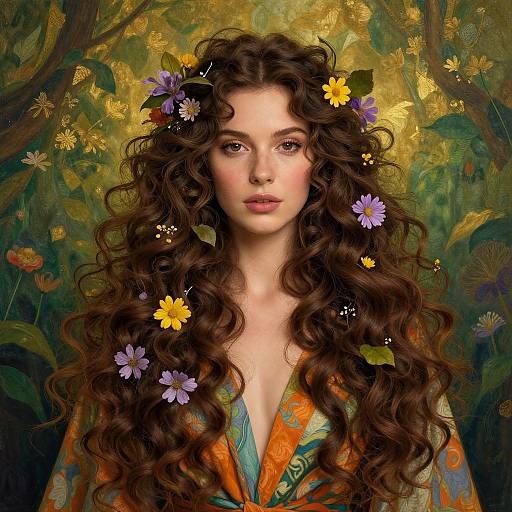 Digital portrait of a fair-skinned woman with long, curly brown hair adorned with colorful flowers, set against a lush, floral background.