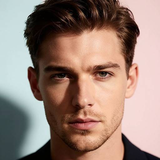 Close-up photograph of a handsome, light-skinned man with short, dark brown hair, blue eyes, and light stubble, wearing a black shirt