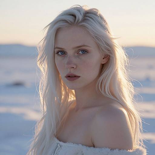 Photograph of a pale-skinned, blonde-haired woman with blue eyes, wearing a white, off-shoulder, fuzzy top, standing in a