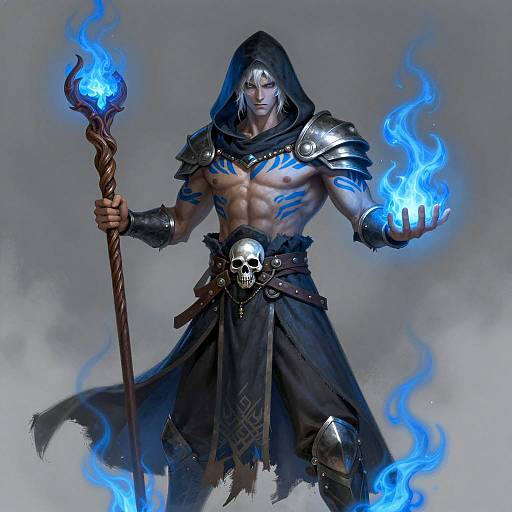 Intense Male Mage with Blue Flames