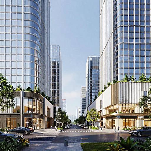 Photorealistic CGI of a modern urban street lined with tall, glass-clad skyscrapers, green trees, and pedestrians under a clear blue sky