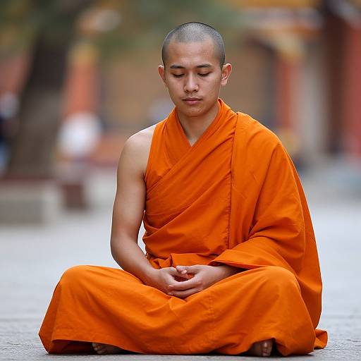 Photograph of a young male Buddhist monk with shaved head, wearing an orange robe, sitting cross-legged, meditating, in a blurred outdoor setting.