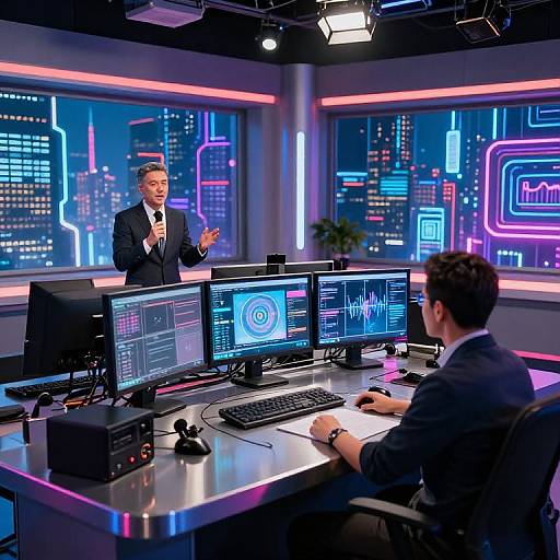 Photograph of a neon-lit TV studio: a suited man gestures at two technicians monitoring screens displaying data and graphs. Cityscape background with colorful digital