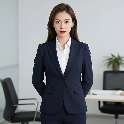 Photograph of an Asian woman with straight black hair, red lipstick, wearing a black suit over a white shirt, standing confidently in a modern office with