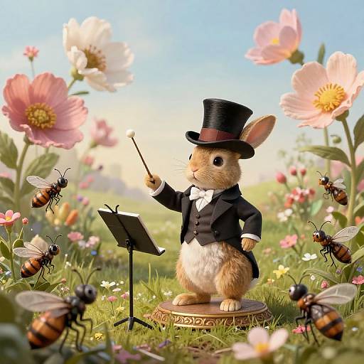 Photorealistic digital art of a brown rabbit in a black tuxedo and top hat, holding a wand, standing on a wooden base in a